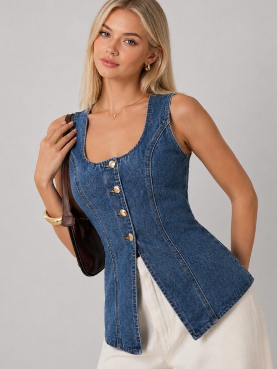Jackets & Blazers - Women’s Vintage Denim Peplum Vest Sleeveless Button Front Fitted Jean Top